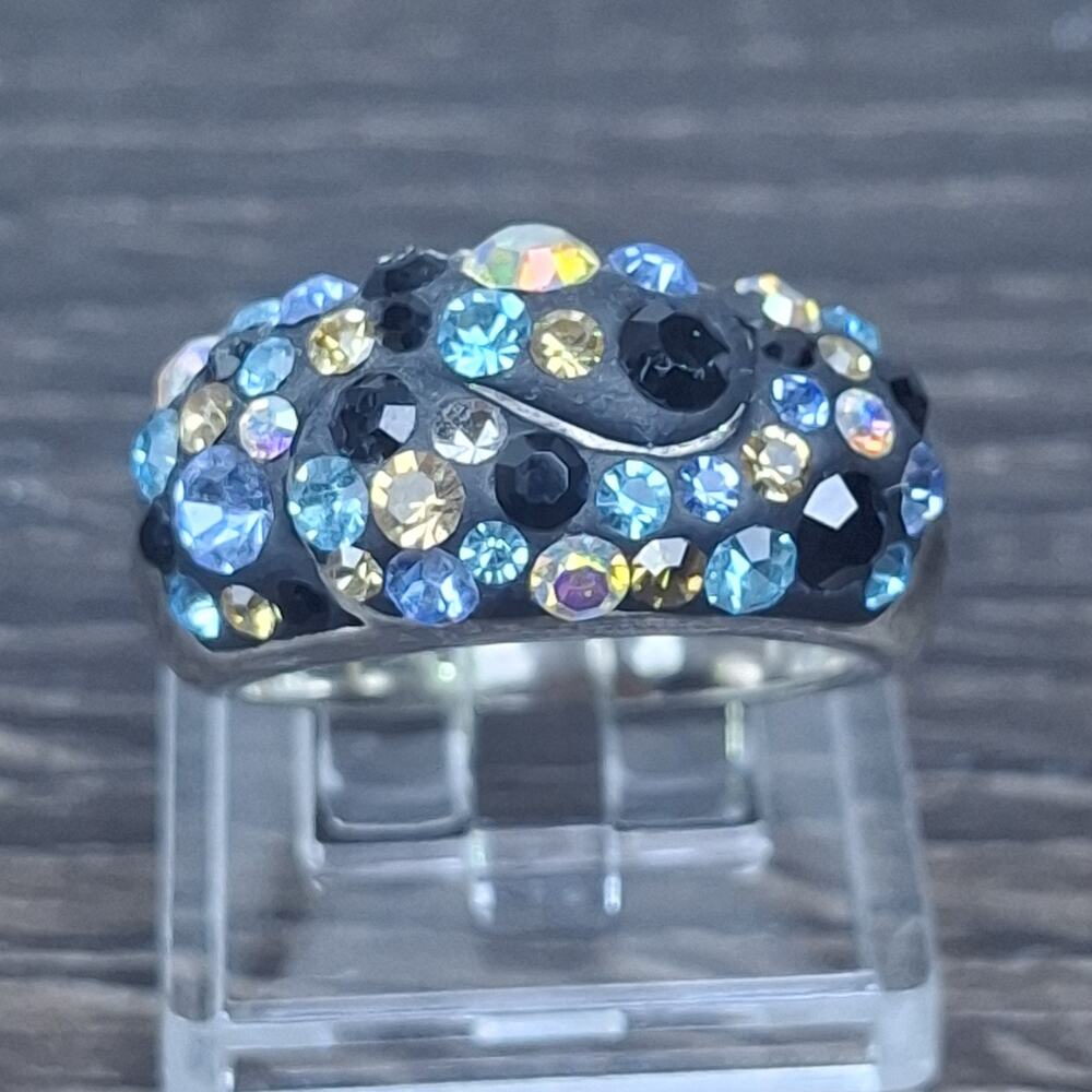 925 Sterling Silver Multicolor Crystal Pave Dome Cocktail Ring Size 6